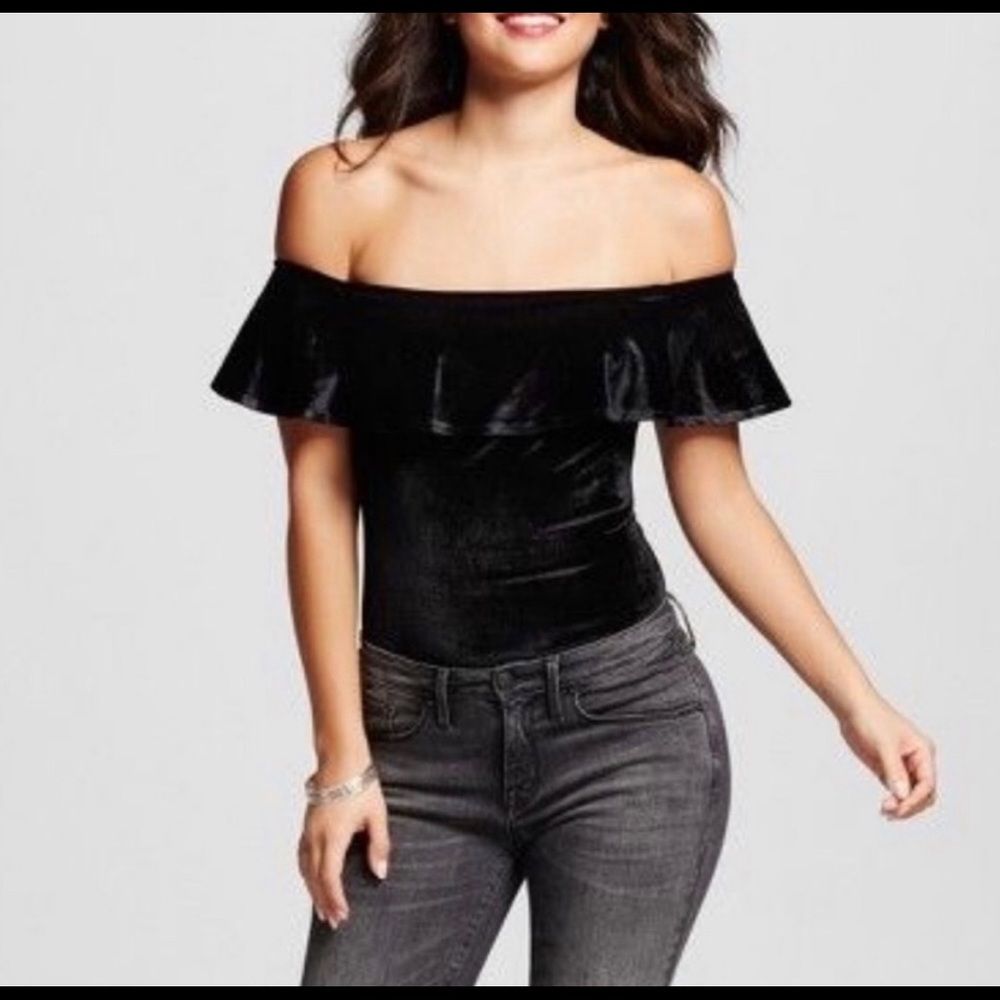 NUDE Velvet Off-Shoulder Ruffle Bodysuit